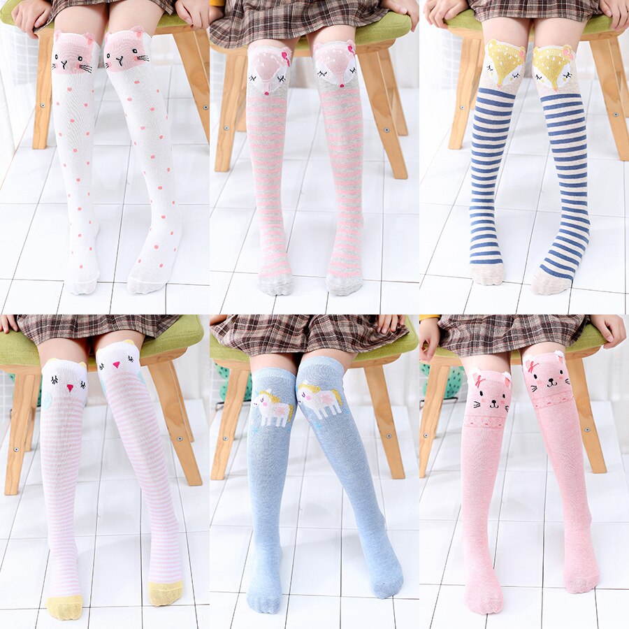 Chaussettes montantes en coton pour filles, chaussettes longues et douces, tricotées avec des motifs de dessin animé, pour enfants de 3 à 12 ans, printemps et automne