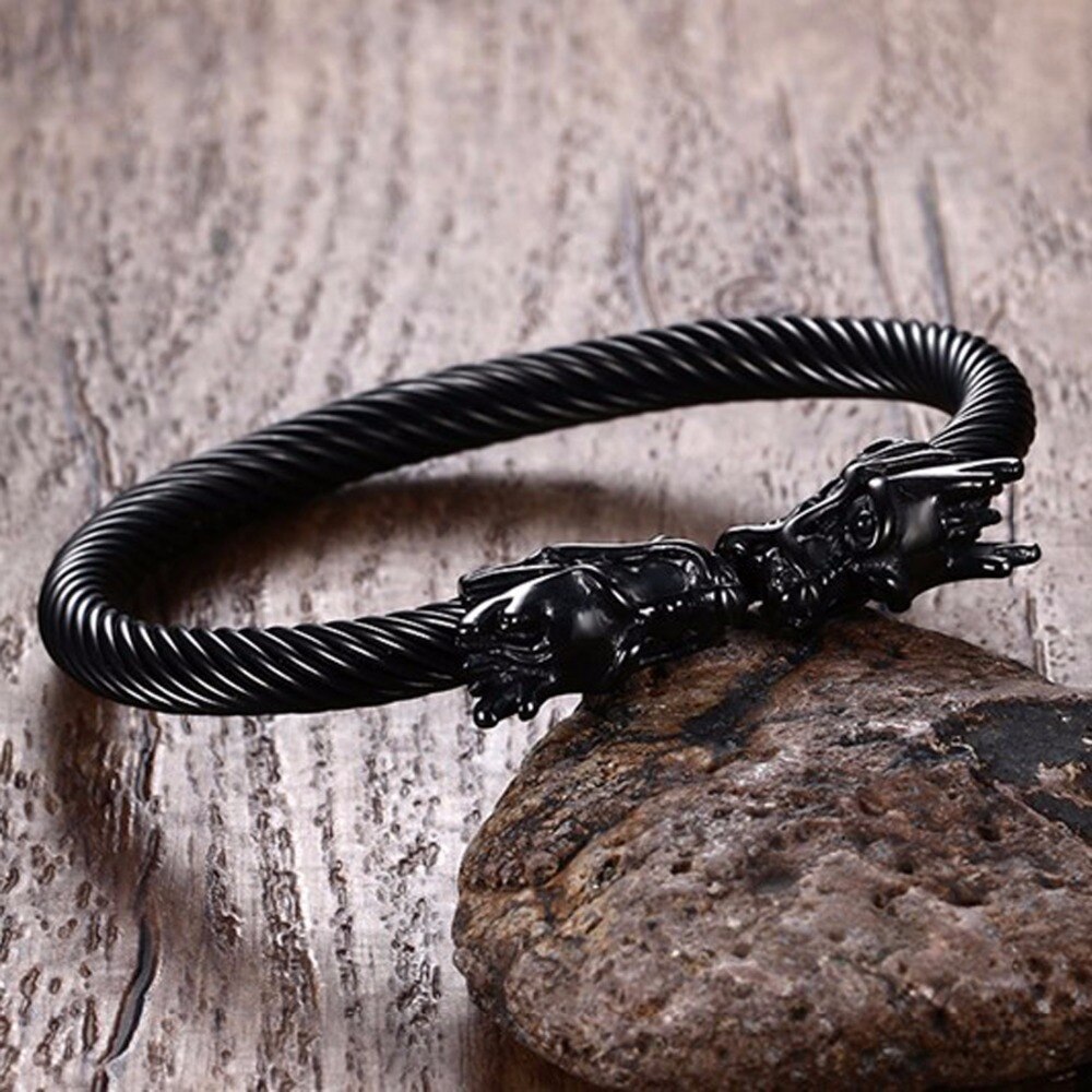 Bracelet manchette noir à deux têtes de Dragon Bracelet pour hommes garçons en acier inoxydable 316L fil entrelacé Viking Vintage bijoux masculins