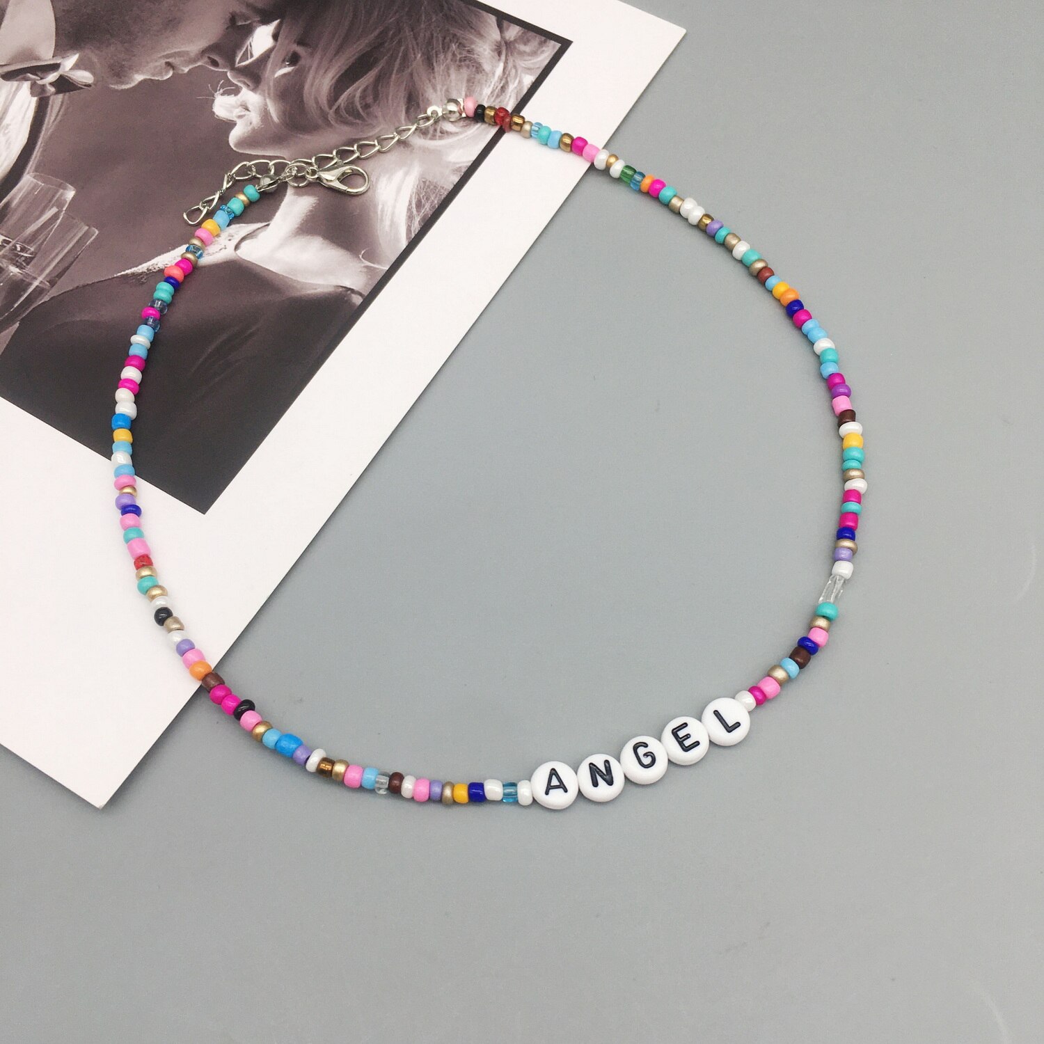 Boho Handmade Diy Seed Bead Necklace Letter Lucky Love Happy Choker Strand Chain Colorful Female Beach Collier Femme Jewelry: Angel