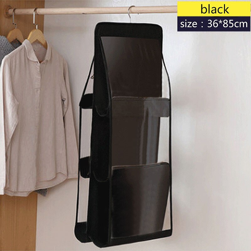 Double Side Transparent 6 Pocket Foldable Hanging Bag Clothes Storage Organizer Wardrobe Closet Finishing Storage Hanger