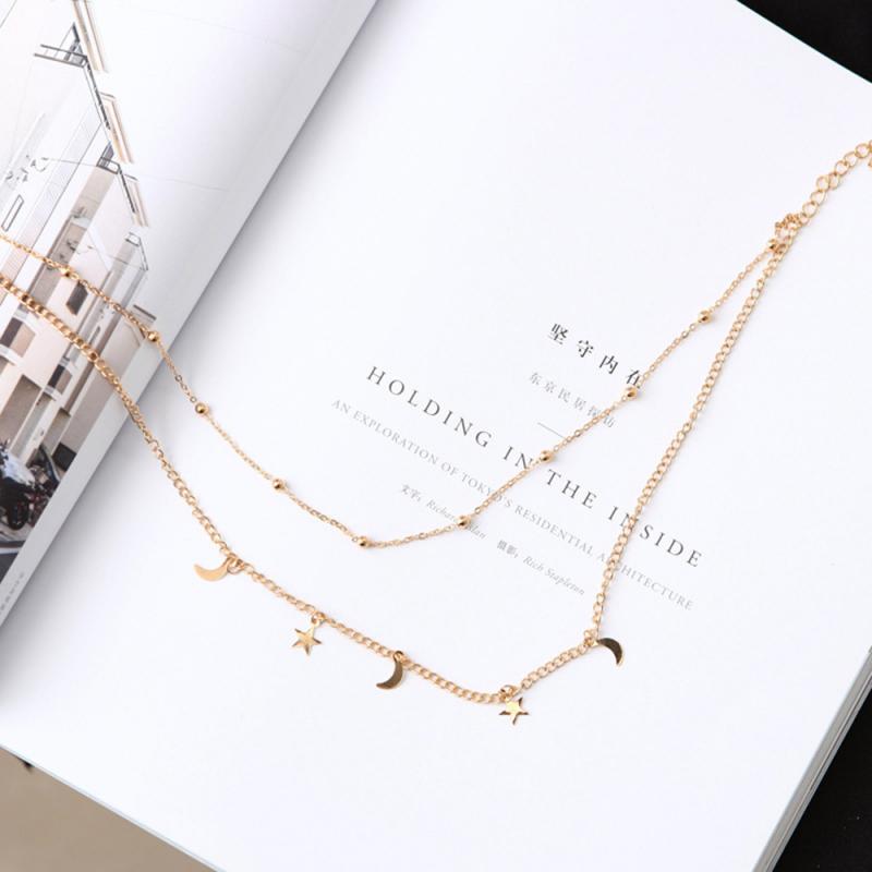 Multi-Layer Moon Stars Choker Necklace Stainless Steel Pendant Necklace Star Gold Necklace Women Choker Necklaces