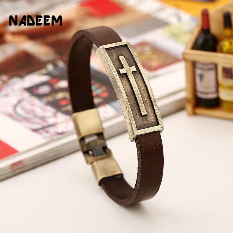 NADEEM Cross Charm Brown Leather Bracelet Men Male Vintage Punk Cross Charm Cuff Bracelet Bangle Jewelry Pulse