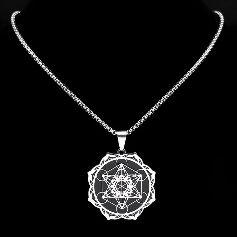 Sacred Geometry Metatron Cube Angel Seal Archangel Necklace for Women Men Stainless Steel Flower of Life Lotus Chain Jewelry