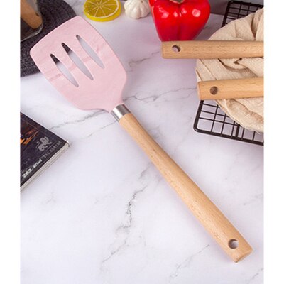 Pink Silicone Kitchen Utensils Set Heat Resistant Nonstick Baking Cooking Tools wooden handle Kitchenware Accessories: E