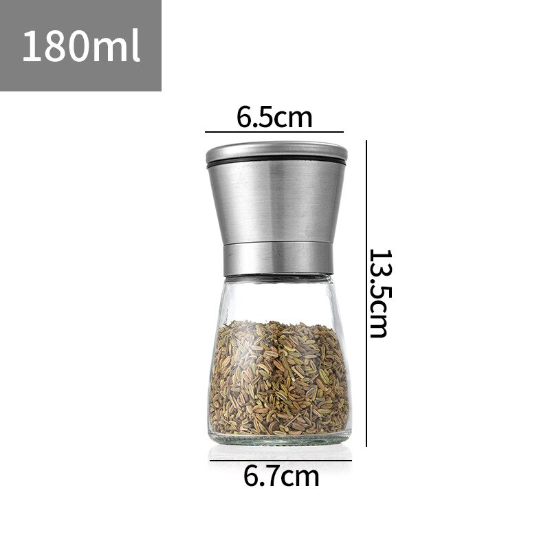 Stainless Steel Mill Pepper/Salt/Spice Grinder Kitchen Supplies Spices Glass Storage Container pepper mill Kitchen Gadgets Tools: Silver-180ML