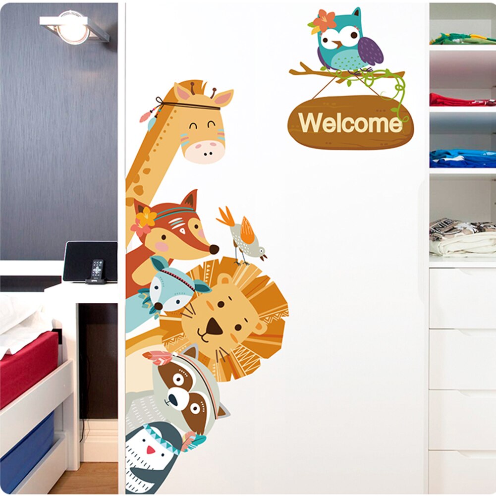 Cute Baby Bedroom Cartoon Animals Door Decoration Wall Sticker Waterproof Children Mural DIY Wardrobe Decals Home For Kids