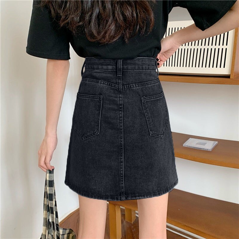 Faldas vaqueras de estilo coreano para mujer, faldas de corte en A, de sólido que combina con todo, bolsillos, cintura alta diaria Simple, informal de verano