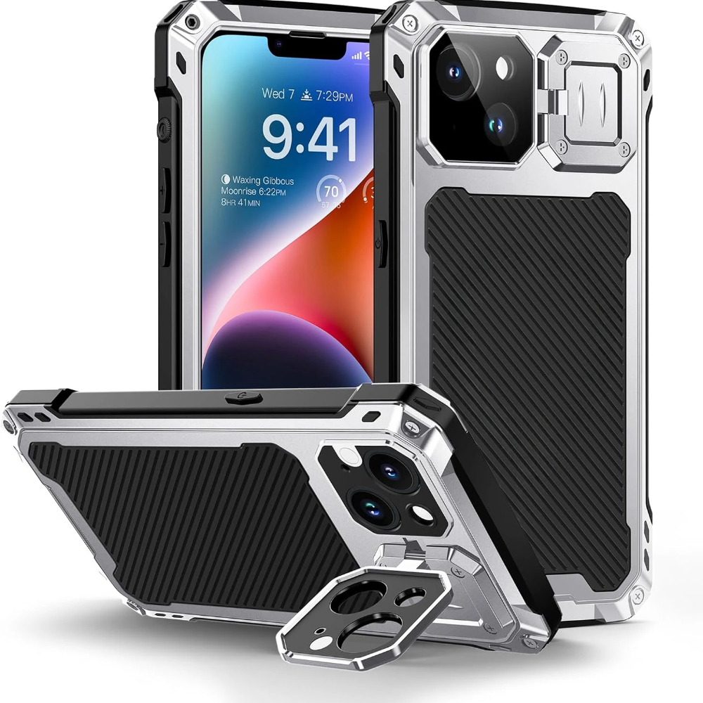 Voor iPhone 14 15 16 Pro Max Plus Aluminium Metal Armor Magnetische Telefoon Gevallen Lens Stand Screen Protector Zware Schokbestendige Cover
