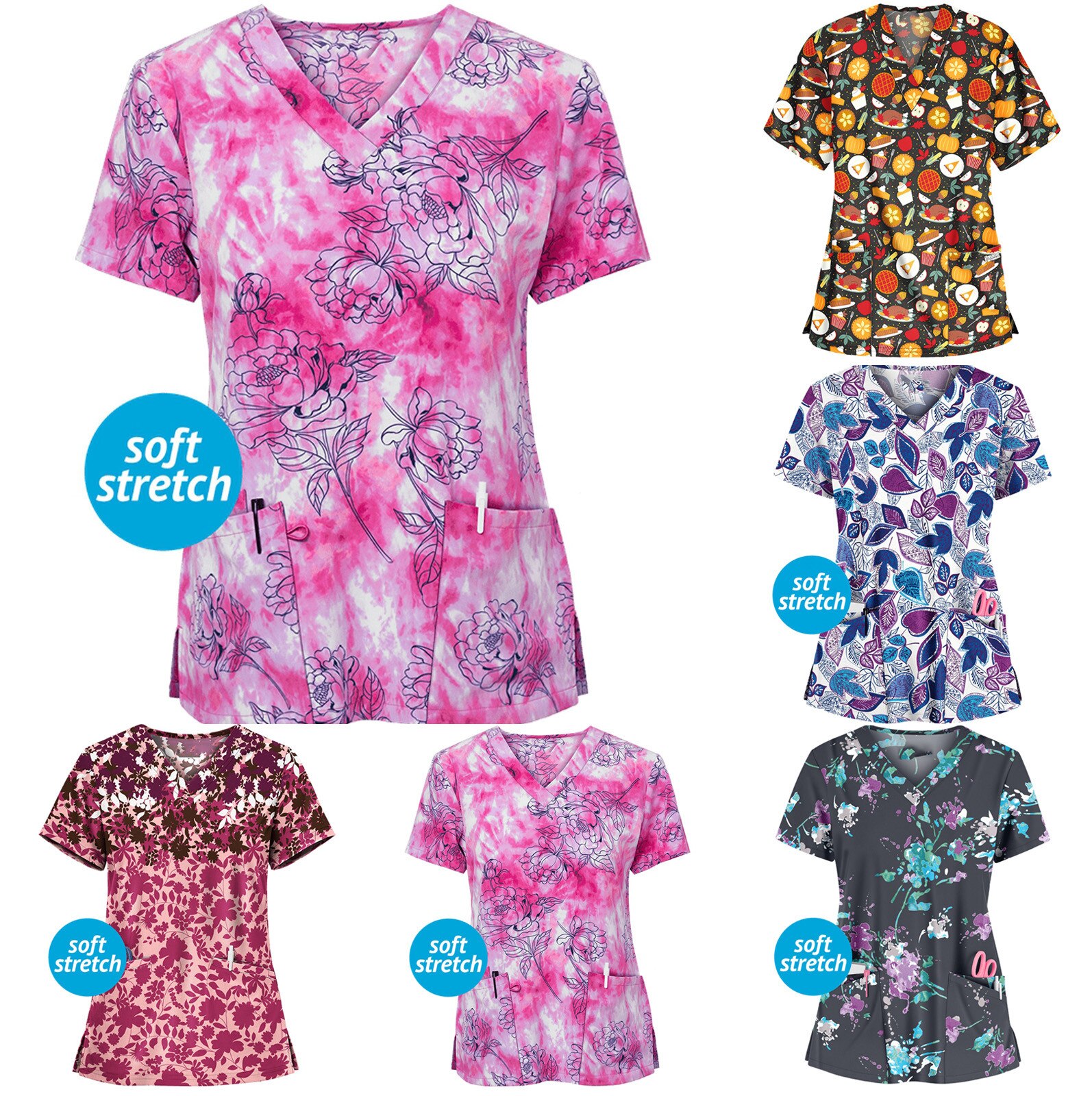 Ladies Work Uniforms Spa Uniform Lab Beauty Salon Workwear Short Sleeve V-neck Pocket Workwear Top Scrubs Costume J30