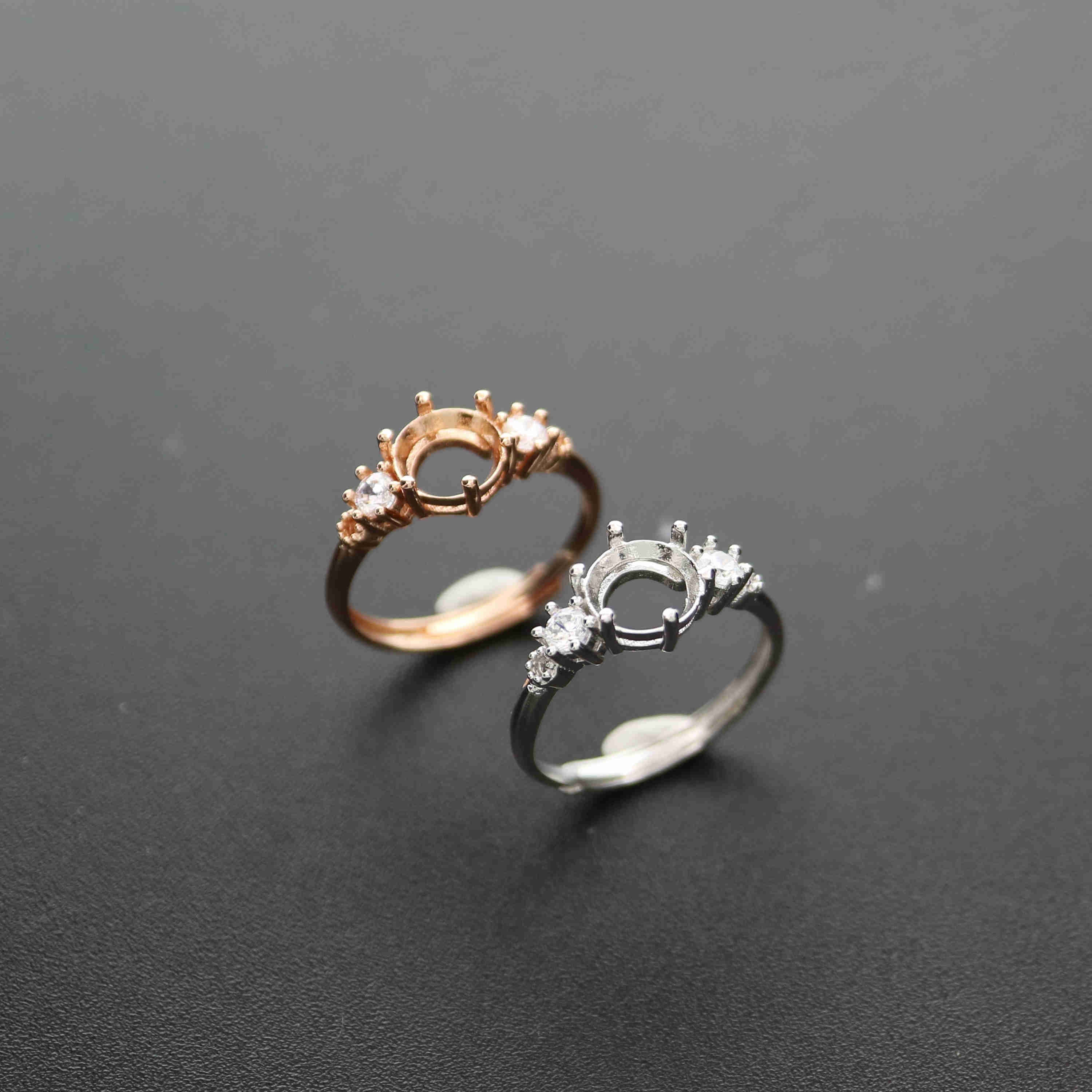 3-8MM round simple rose gold silver Gems CZ stone prong bezel solid 925 sterling silver adjustable ring settings 1210034