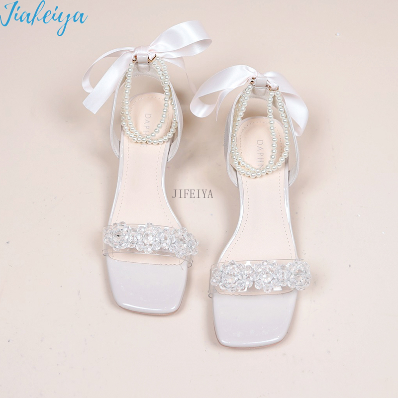 Sandales à talons hauts pour femmes, ruban de perles Transparent, moyen avec sandales, chaussures à bout ouvert, chaussures à plateforme à la