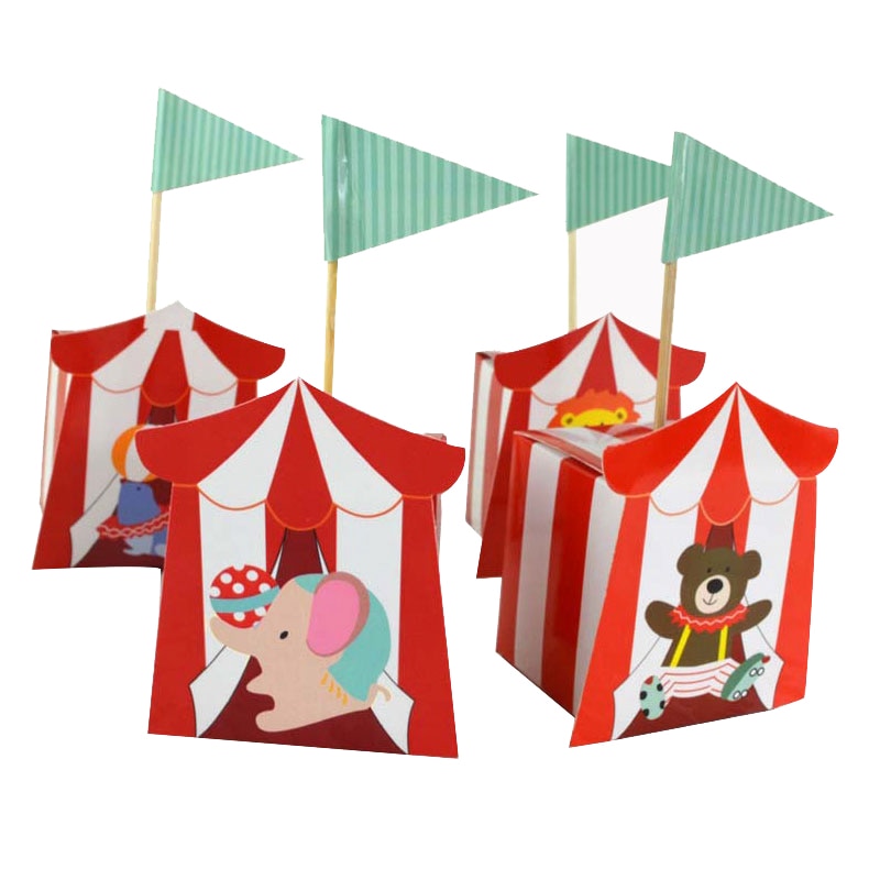 20 stks/set Circus Bonbondoos Papier Rood Gestreepte Geschenkdoos met Vlag Verjaardagsfeestje Baby Douche Decoraties Gunsten Verpakking Zak