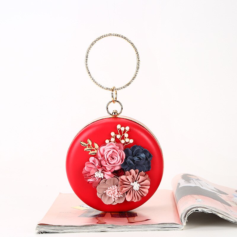 Roze Ronde Bloem Clutch Bag Womens Circulaire Ring Handtas Plastic Parel Strass Bruiloft Purse Pochette Femme: red