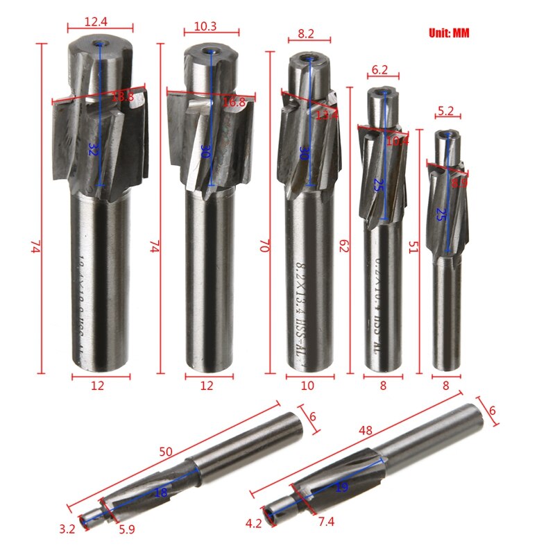 7Pcs M3-M12 Counterbore Milling Cutter High Speed Steel Pilot Slotting Tool End Mill Slot Drill Bit Set