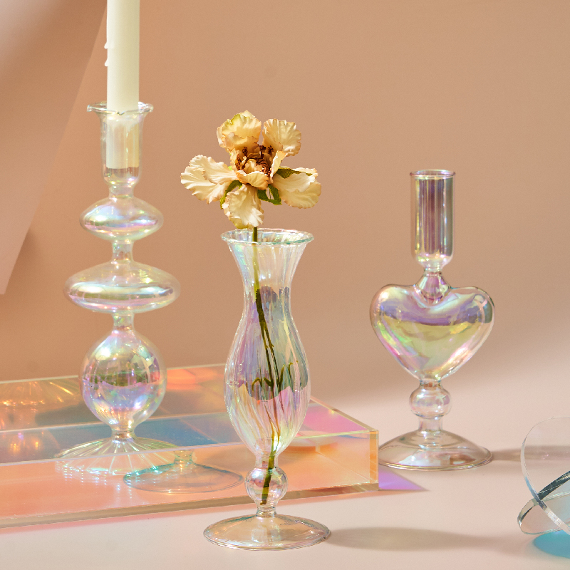 Portavelas iridiscentes, florero nórdico de arcoíris, decoración del hogar, decoración de mesa nórdica, soporte de palo de vela de vidrio para habitación