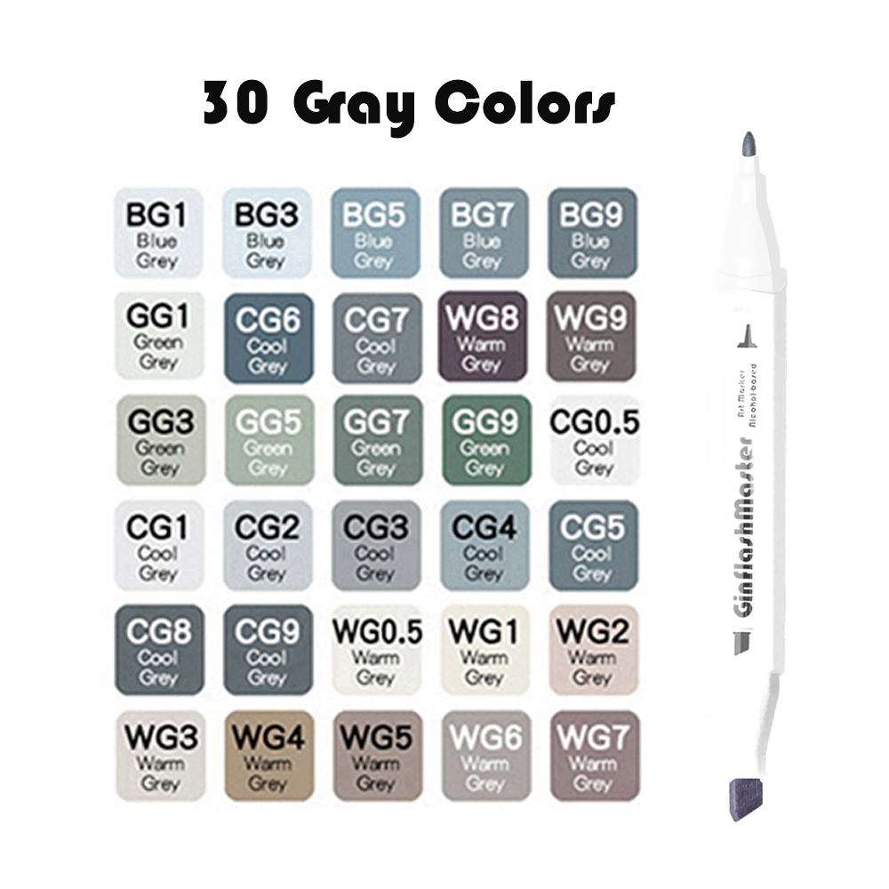 Ginflash Fijn En Beitel 30/10 Kleuren Grijze Toon Set Bijpassende Kunst Markers Penseelpen Schets Alcohol Gebaseerde Markers Tekenen Kunst Benodigdheden