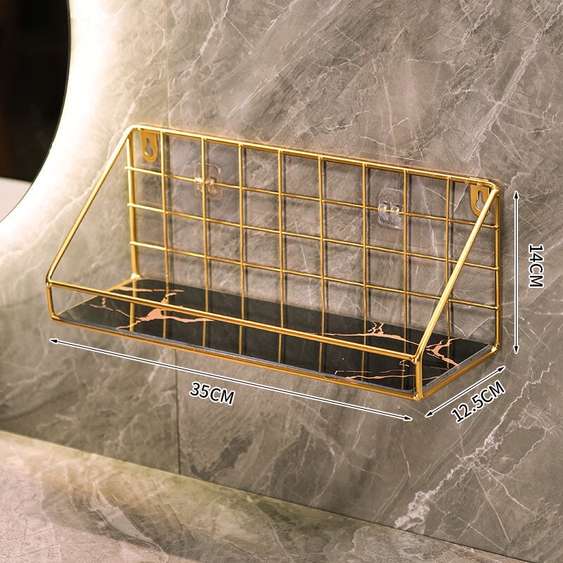 Gold Iron&amp;glass Wall Shelf Organizer Holder Kitchen Supplies Shef Storage Rack Hanging Storage Cabinet Organizer Bathroom Tools: gold black-M