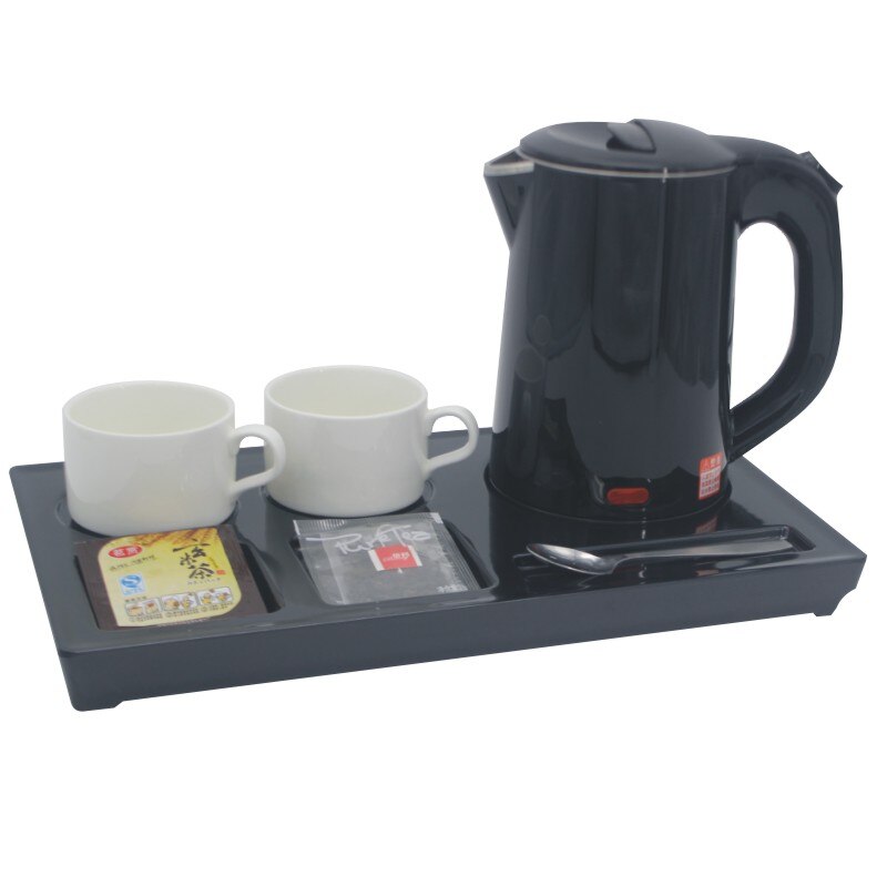 Pokój hotelowy mała pojemność mini dwupokładowa stal nierdzewna 304 0.6L 800W czajnik elektryczny zestaw robić kawy taca na kubki: czarny i Tray