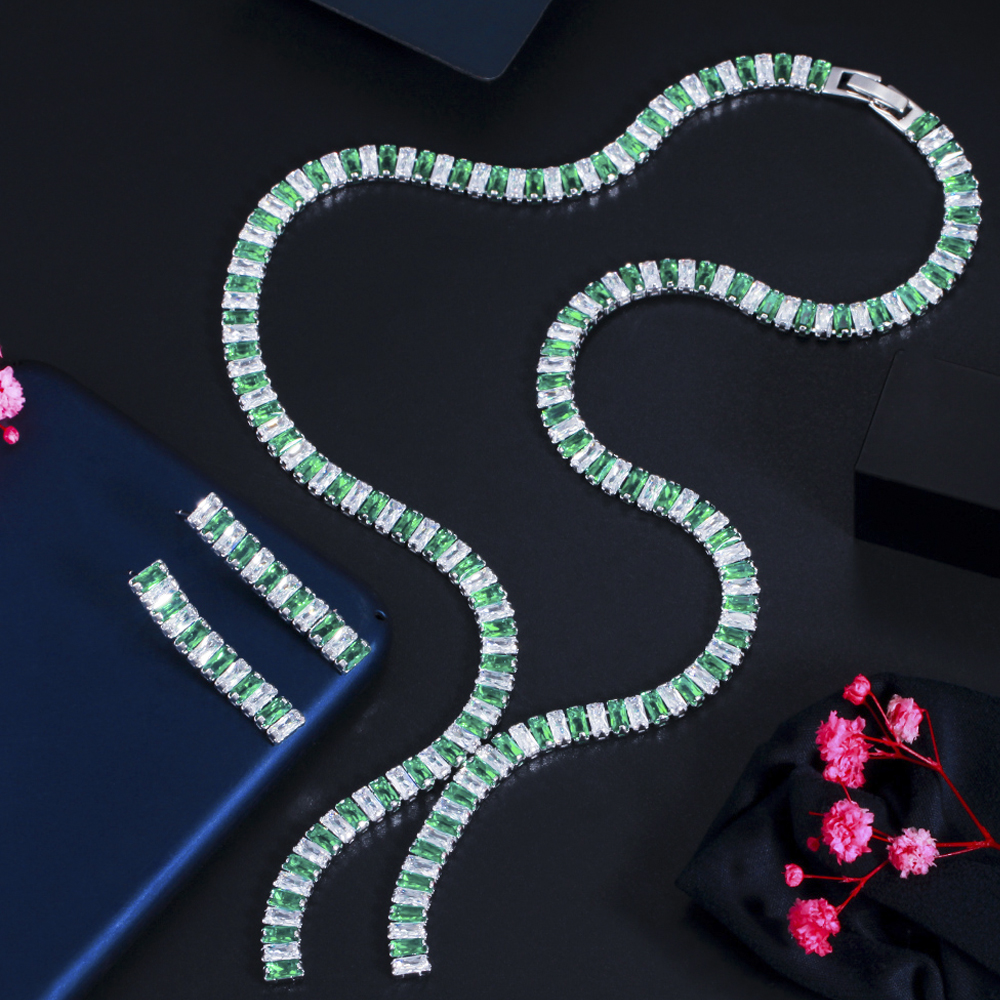 Threegraces Romantische Glanzend Witte Zirconia Vierkante Dangle Oorbellen En Ketting Bruids Bruiloft Sieraden Set Voor Bruiden TZ606: Green