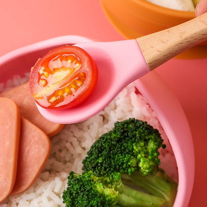 Feeding Wooden Handle Silicone Spoon For Baby Utensils Eat Soild Food Kids Training Manipulative Ability Children's Tableware