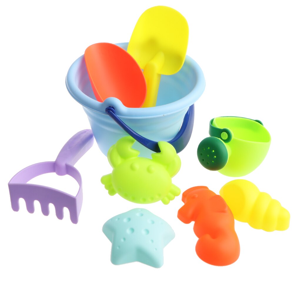 Ensemble de jouets de sable de plage avec canette d'eau, pelles, râteau, seau et moules pour animaux, jouet de bac à sable d'été pour enfants 9 pièces