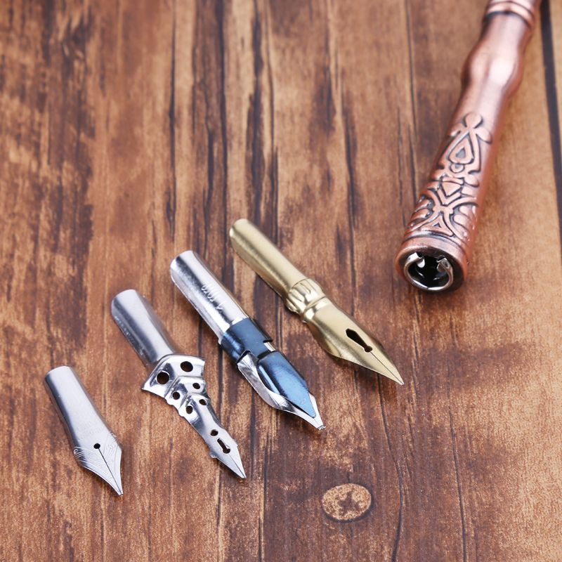 Vintage Feather Quill Dip Pen Fountain Pens With Ink +3 Nibs Set Box Stationery