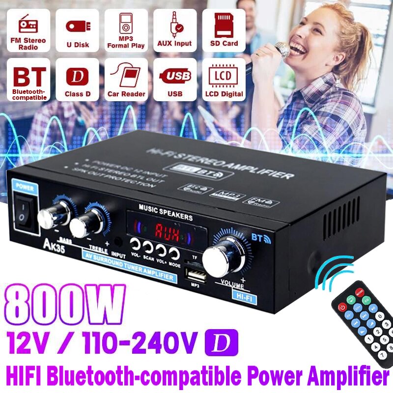 AK35 380 800W Home Digitale Versterkers Audio 110-240V Bass Audio Power Bluetooth Versterker Hifi Fm Auto muziek Subwoofer Speakers: AK35 EU plug