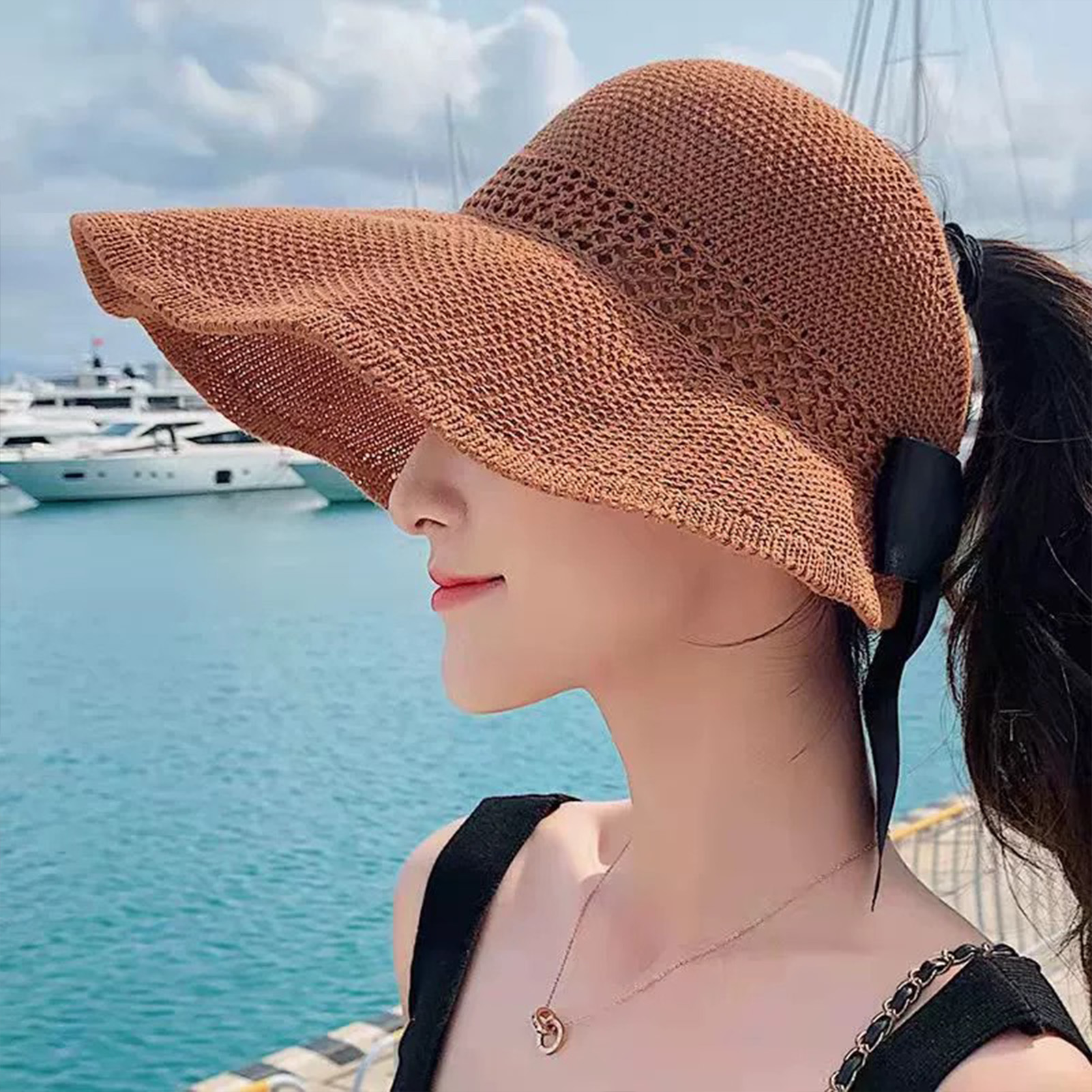 Foldable Women Wide Brim Straw Hat Breathable French Style Sun Hats with Bowknot for Outdoor Travel Photography