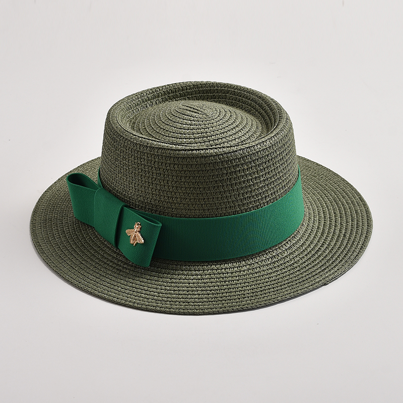 Sombreros de paja para mujer, sombrero de paja redondo con superficie irregular, Top plano con lazo, vestido, Gorra de viaje para playa, novedad de primavera y verano: Verde militar