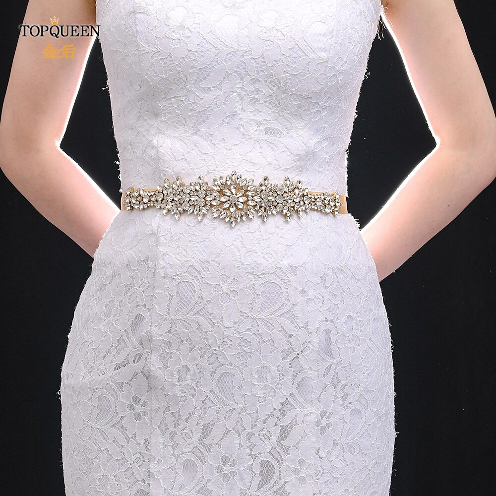 TOPQUEEN-cinturones para vestidos de novia de talla grande S319-G, cinturones dorados para mujer, cinturón de diamantes de imitación, cinta de lujo para novia, faja de boda