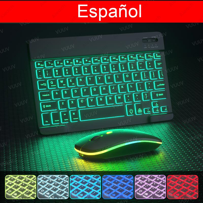 Teclado retroiluminado para tableta, periférico inalámbrico compatible con Bluetooth, ratón para Android, Windows, iOS, tableta, teléfono, portátil: Spanish Black