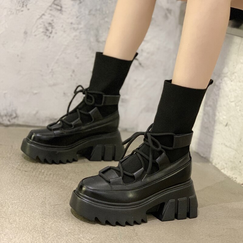 Laarzen dames casual stretch stof sokken laarzen kruisgestrikte damesschoenen platform laarzen