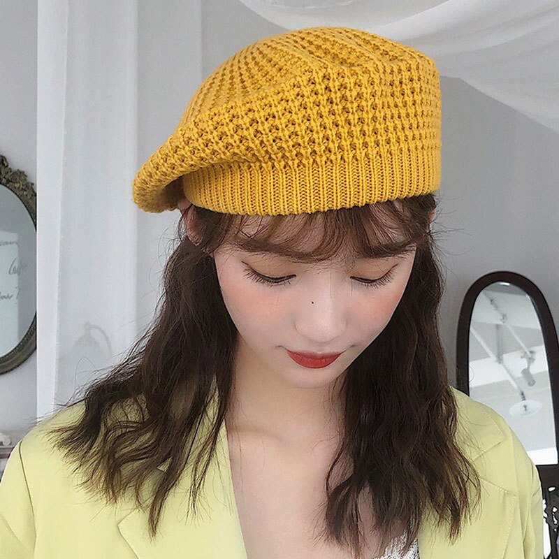 Women Knitted Beret Hat Painter Hat Solid Korean Version Vintage Beanie Hat Caps