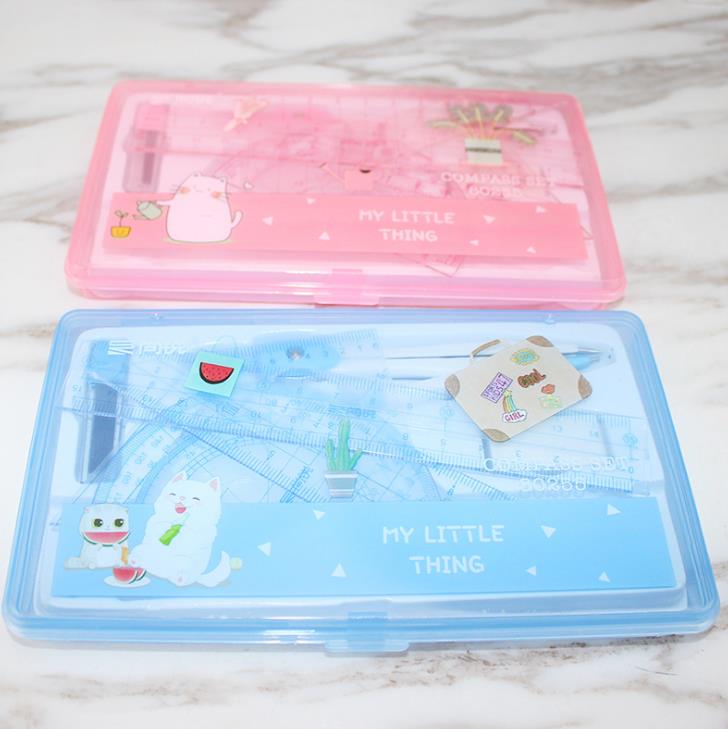 1 Set Cute Drawing Math Compasses Set With Refills/Ruler/Eraser For Drawing Drafting Tools Students Stationery Set