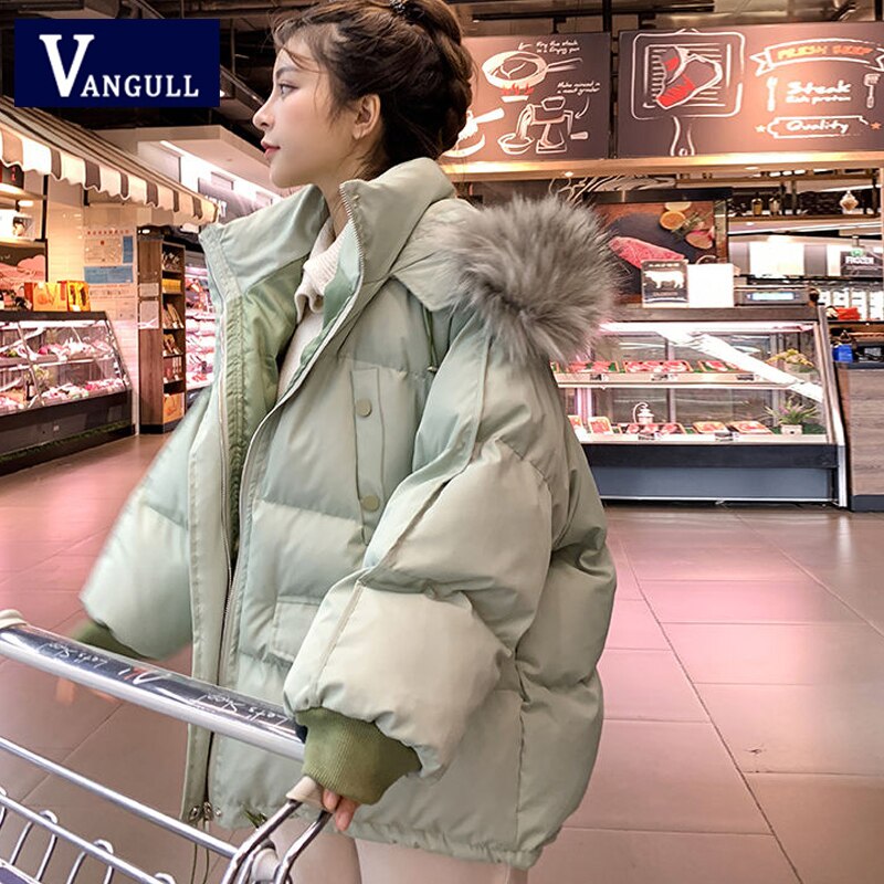Vangull kvinner vinterjakke parkas stor pelskrage hette kåpe kausal lange ermer tykkere løs kvinnelige fast parkas kåpe: Grønn / L