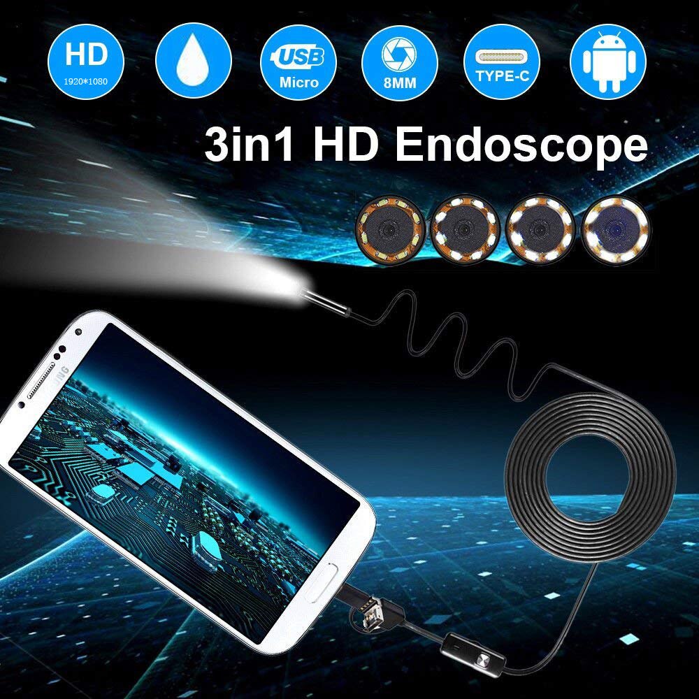 Android Endoscope Camera 8mm Lens Semi Rigid Wire USB/Type-C Android Phone Windows PC Endoscope Borescope Waterproof Inspection