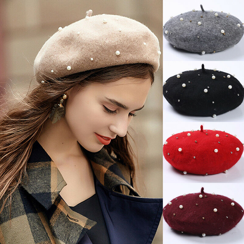 Boina francesa sólida invierno perla lana sombrero mujer dulce gorro esquí gorras amor para chica amiga