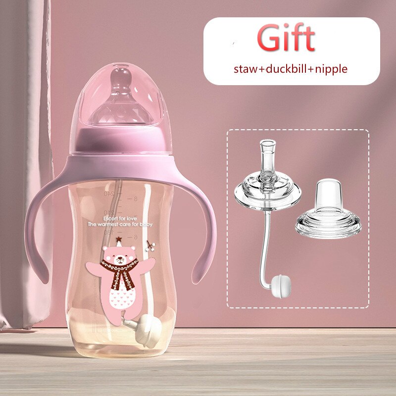 Baby Feeding Bottle baby water bottle Wide Caliber Duckbill Cup Milk High Temperature Resistant PP Bottle with 3 Pacifier: pink-280ML