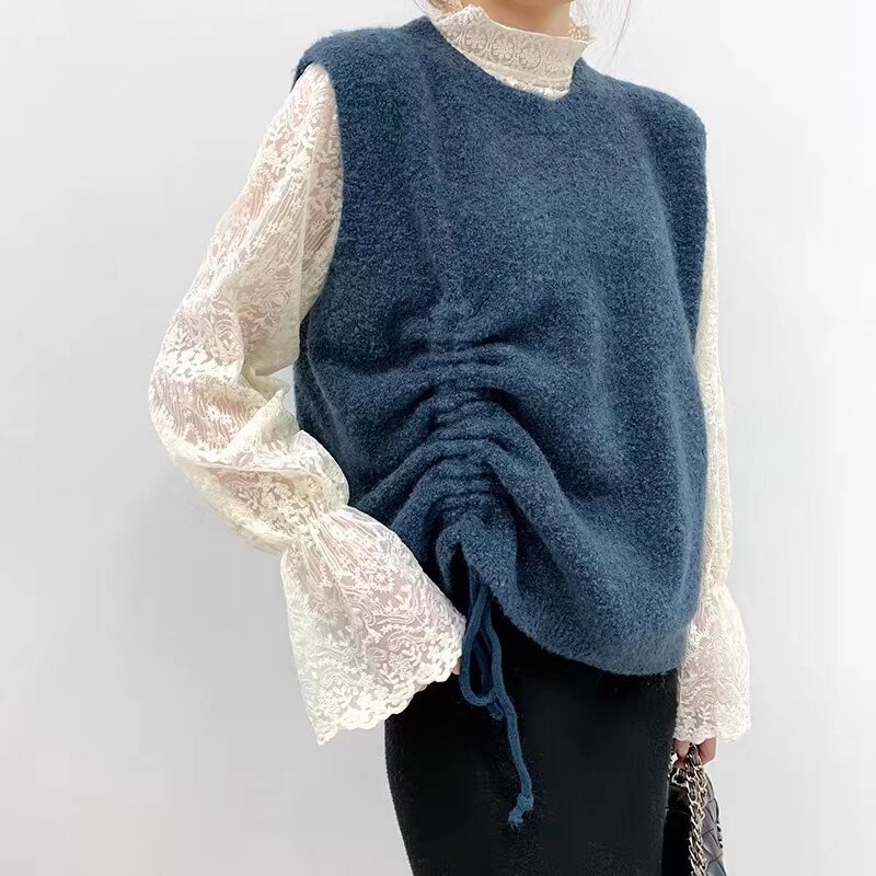 Kvinder strikket sweater vest forår koreansk stil blonder pullover ærmeløs vest strik blå vest pull  t456
