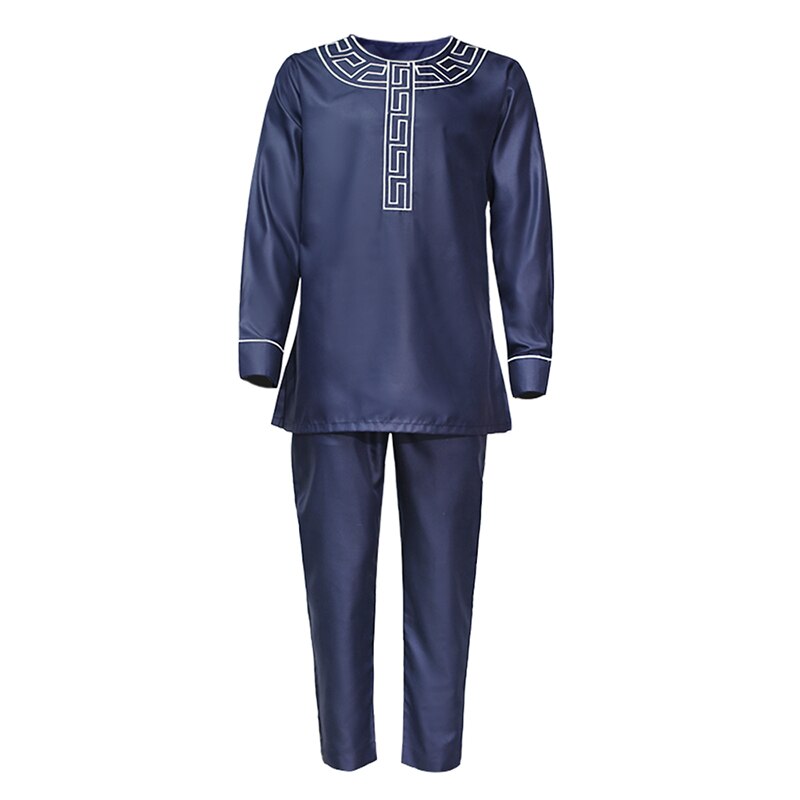 MD African Men Clothes Dashiki Embroidery Shirt Pants 2 Pieces Set Musulman Ensembles Bazin Riche Ankara Outfit PH8086: Navy Blue / 4XL