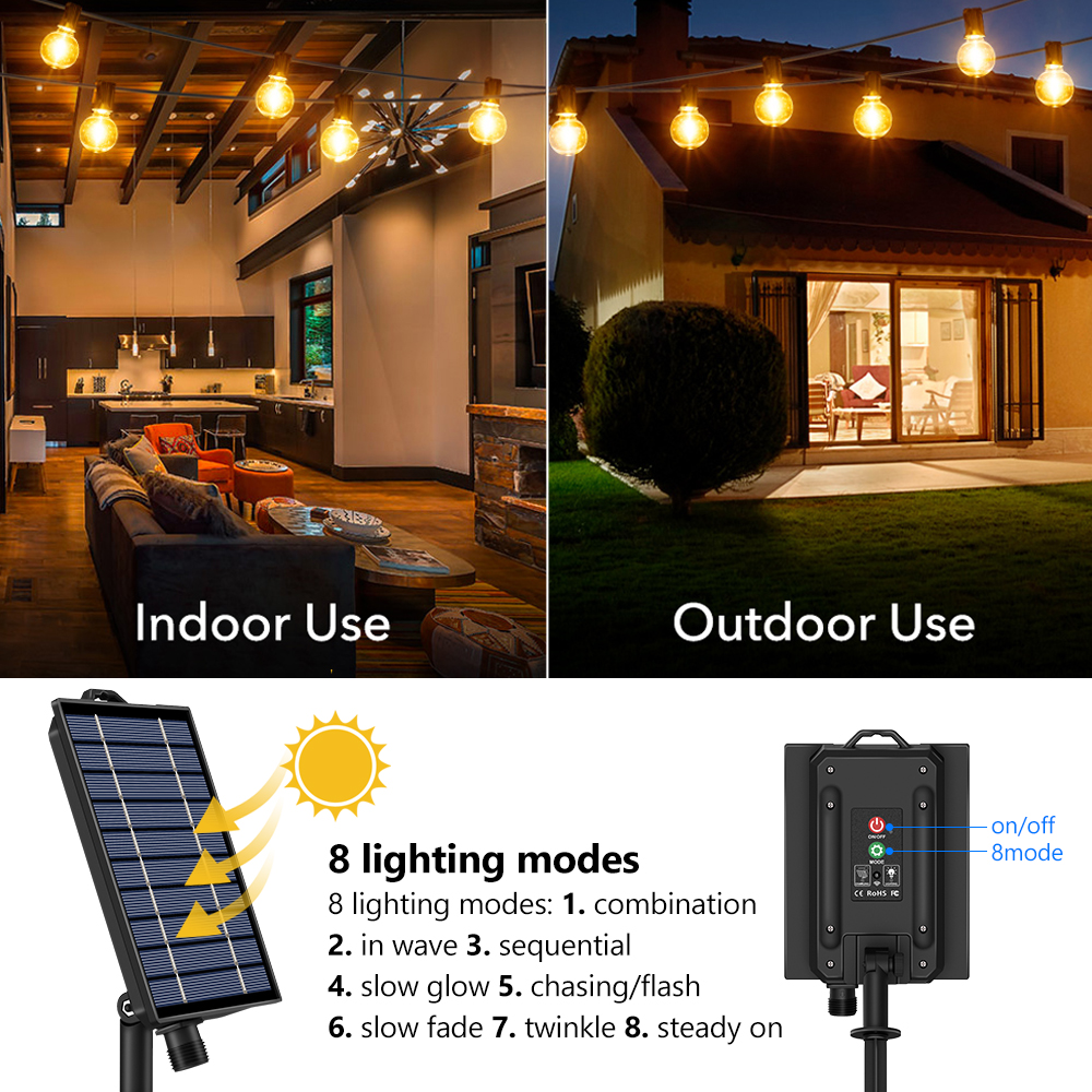 Guirnaldas de luces alimentadas por energía Solar para exteriores, luces de Patio G40 con bombillas LED inastillables, luces colgantes resistentes a la intemperie para bistró en el patio trasero