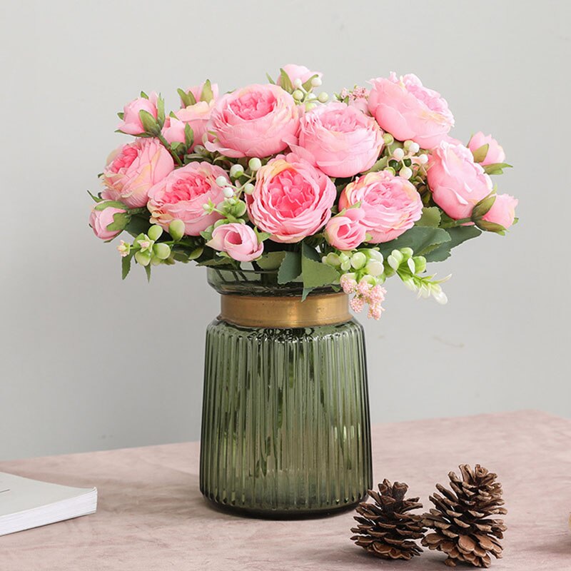 5 cabezas grandes rosas ramo de flores falsas para la decoración del hogar Decoración de la boda Rosa Blanca peonía flores artificiales