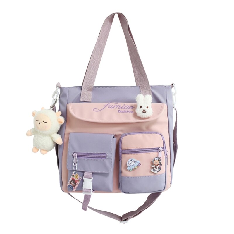 D0LF Korean Japanese Style Cute Large Capacity Tote Bag for Women Teen Girls Candy Color Patchwork One Shoulder Crossbody School: Purple