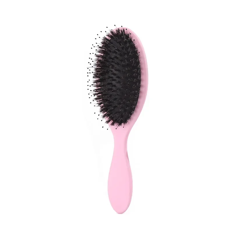 Cepillo de pelo de cerdas de jabalí con acabado mate, cepillo de extensión de cabello con dientes de nailon para mujer, cepillo de cojín, peinado, alisador y desenredante: Rosa