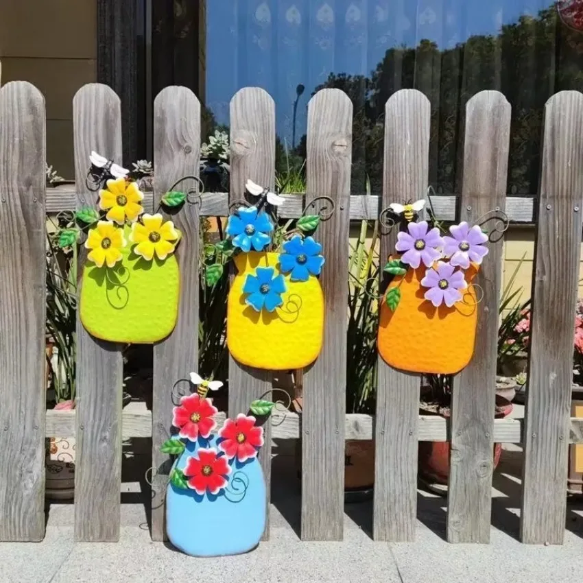 Metal Flower Garden Vases Wall Decor Outdoor Fence Art Patio Sculptures Hanging Decorations for Patio and Garden