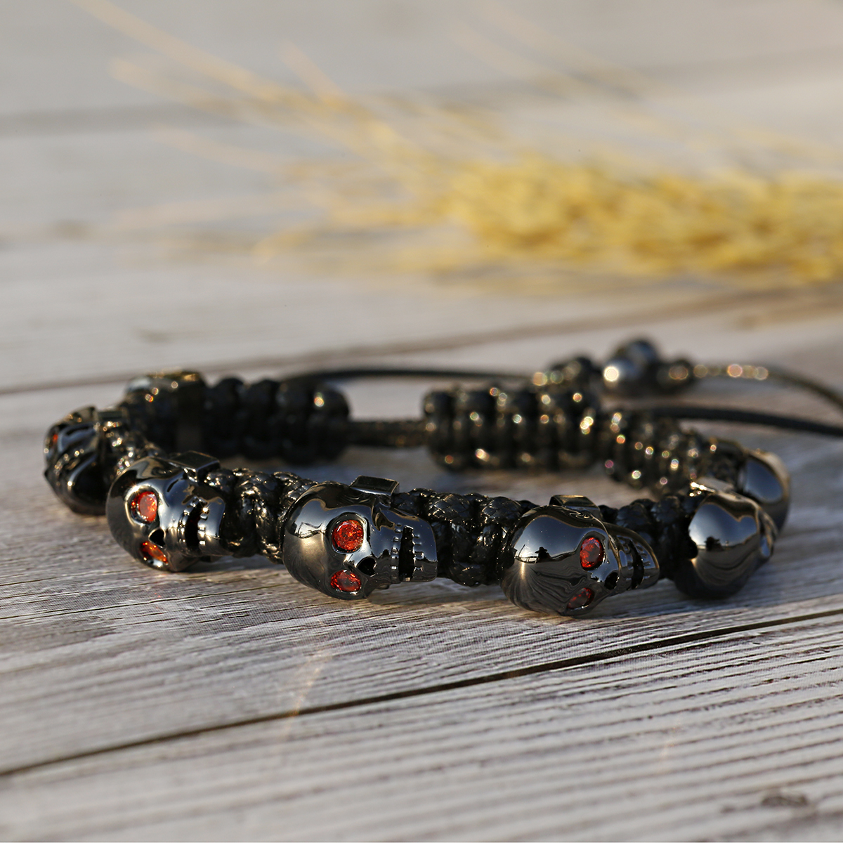 Pulsera trenzada a mano con calavera de circón para hombres y mujeres, cuentas de cobre, brazalete de cadena hecho a mano ajustable de Metal clásico: PLATEADO