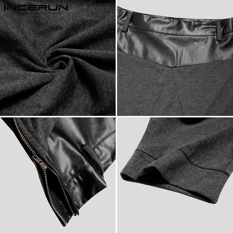 Modne spodnie haremki męskie Punk Zipper Patchwork skóra PU 2020 spadek krocza spodnie biegaczy Streetwear Pantalones Hombre INCERUN