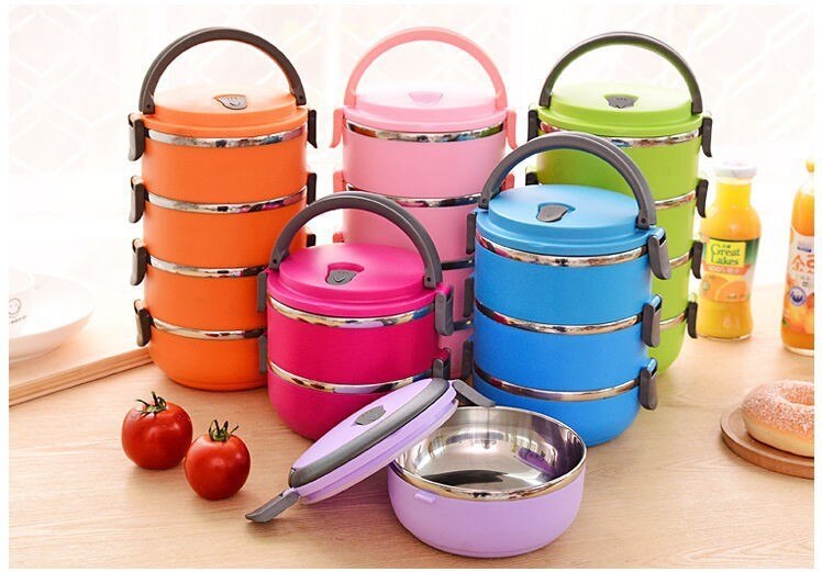 4 Colors Solid Round Bento Box Insulation Stainless Steel Lunchbox Student Bowls Thermos Food Containers Kitchen Dinnerware