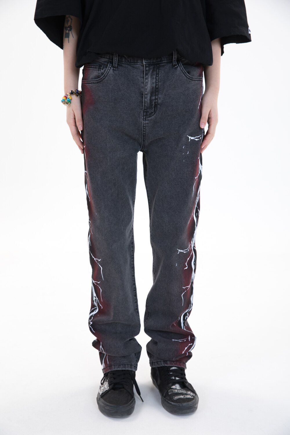 Tidesmec-pantalones vaqueros con estampado de rayos para hombre, ropa informal estilo Hip Hop, holgada,