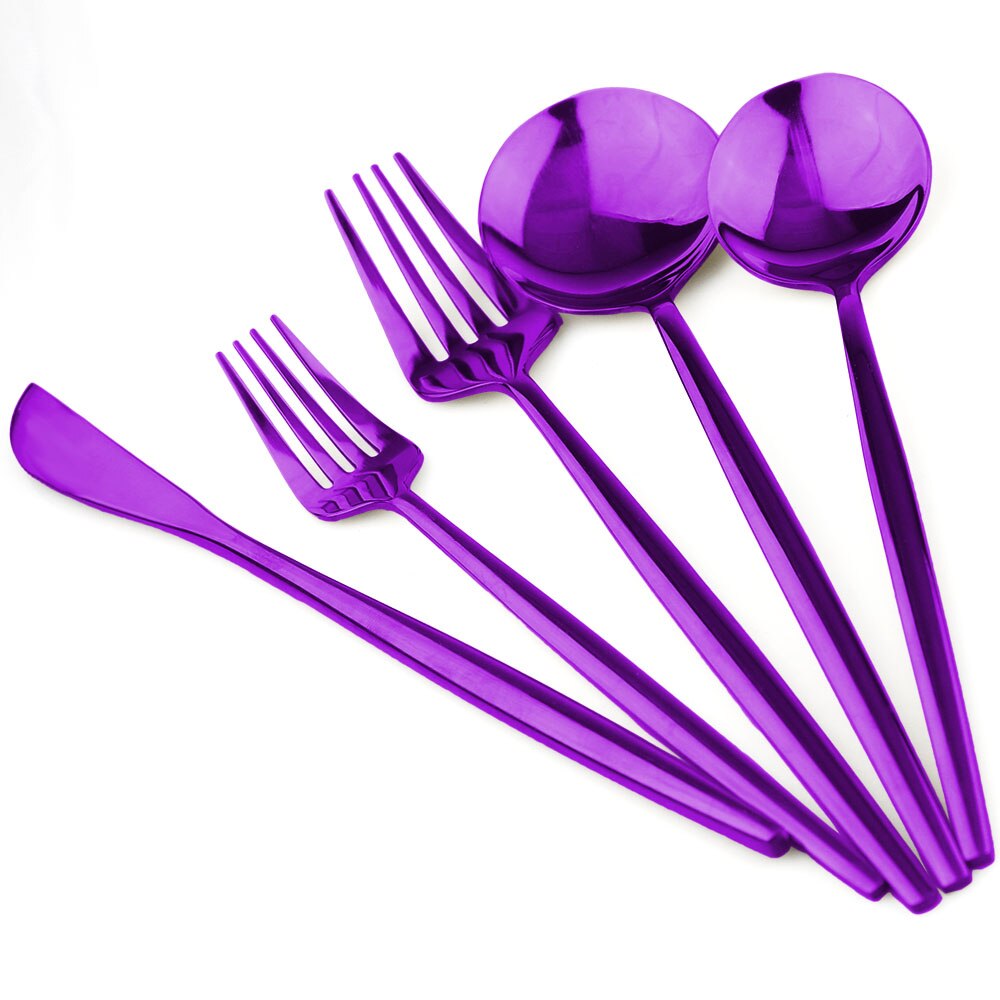 5 st lyxiga rainbow bestick set bestick set guld restaurang dessert gaffel bestick 304 rostfritt stål servis silver set: Lila